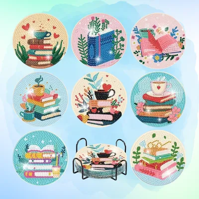 Books Coaster Diamond Painting Set – 8 Pieces
